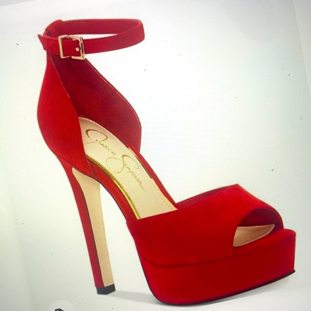 Jessica Simpson red suede open toe wedges.